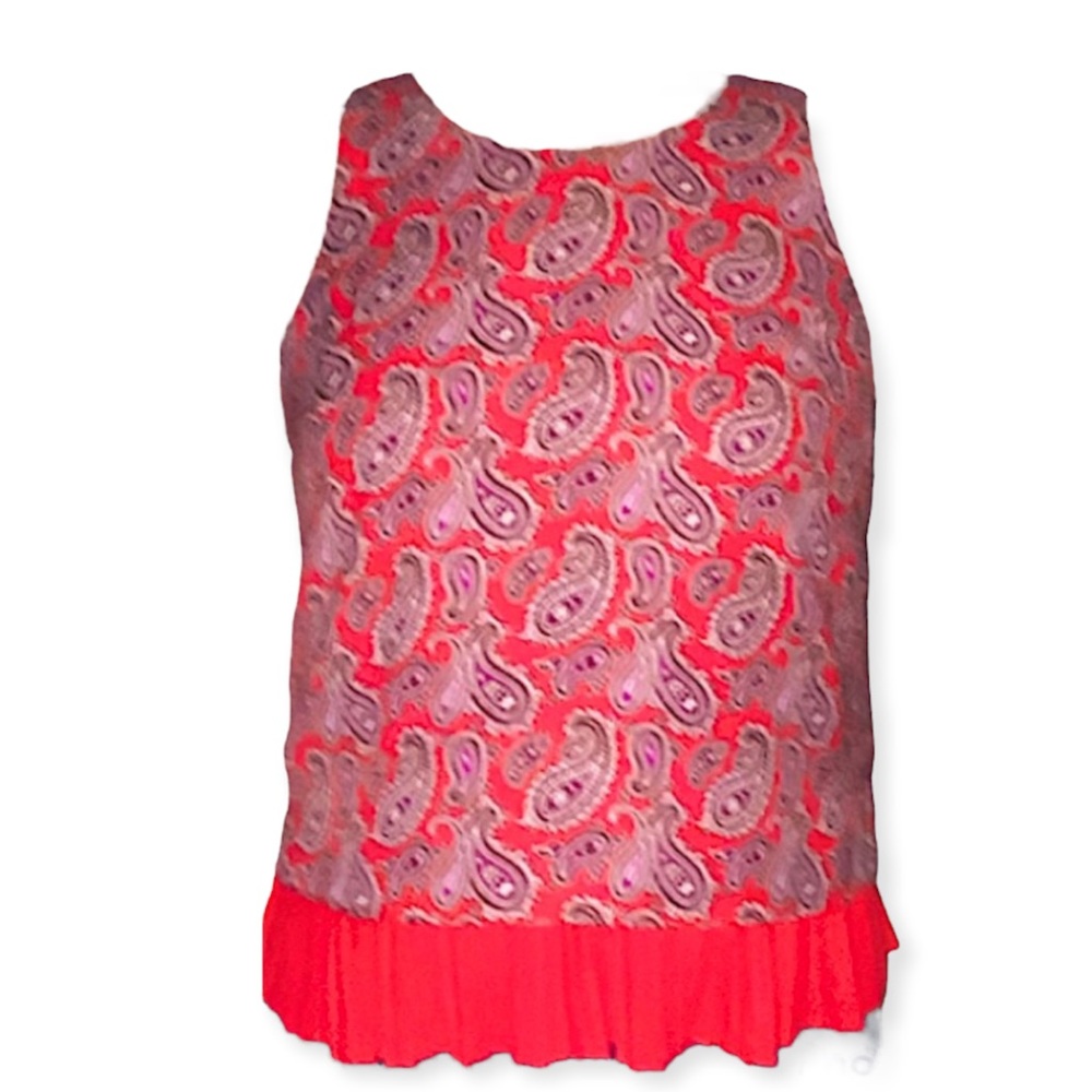 Banana Republic Sleeveless blouse. Size L. Orange/red, white, and purple. Pleats